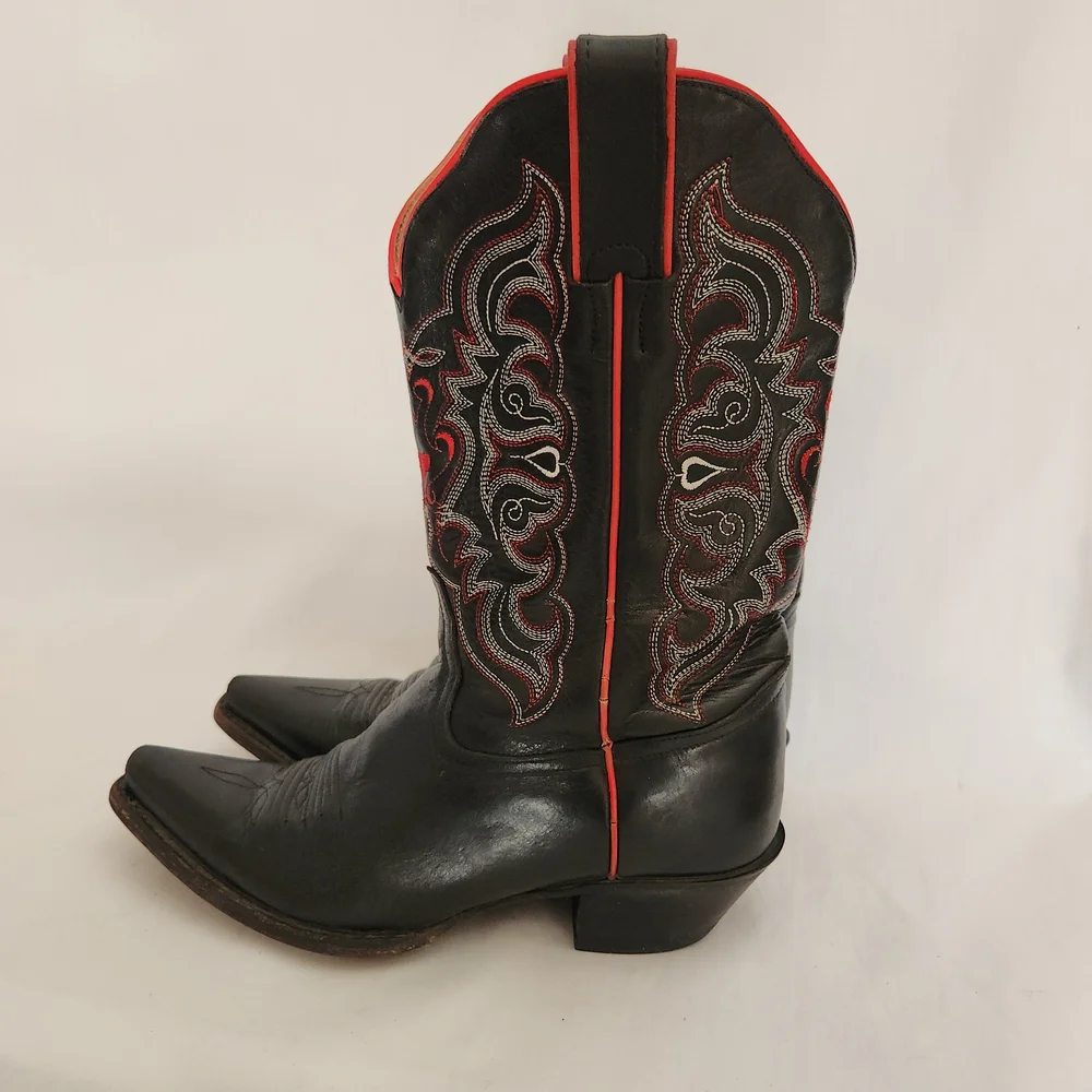 Tony Lama Black and Red Western Heeled Cowboy Boots - Picture 4 of 8
